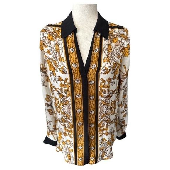 Alice + Olivia Classic Ornate V Neck Collared Silk Blouse - Picture 1 of 10